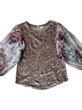 Anthropologie Metallic Crushed Velvet Blouse with Floral Sheer Balloon Sleeves